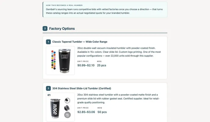 A Scout factory report showing real product options with prices and MOQs